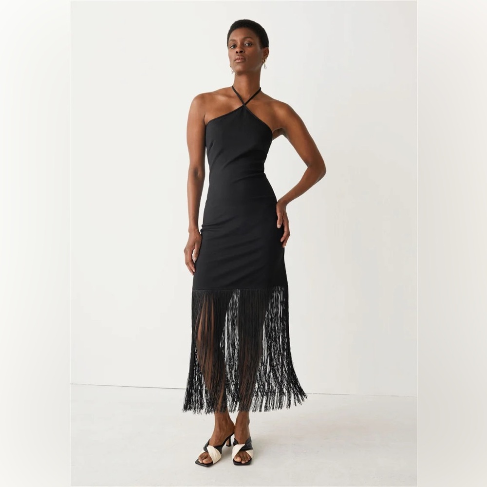 &other stories black halter dress with long fringe